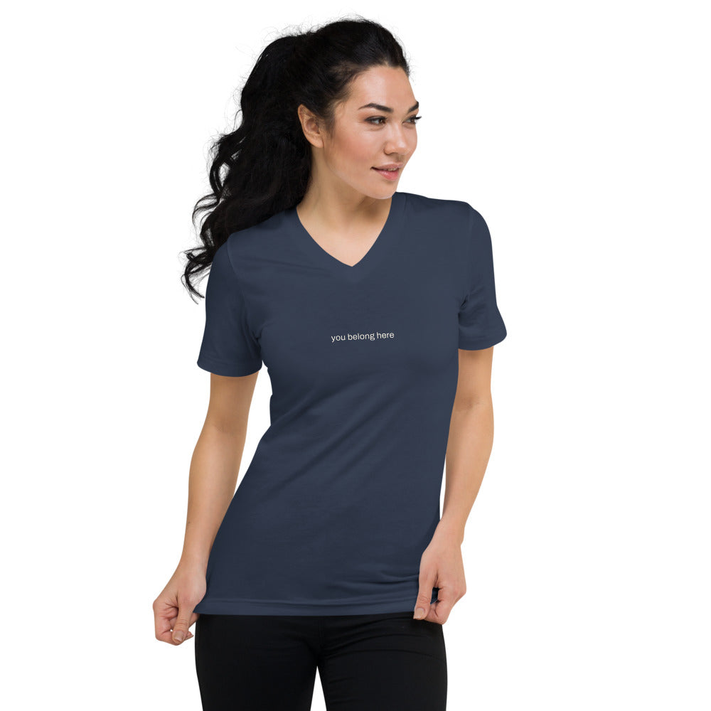 You belong here, navy V-neck, front