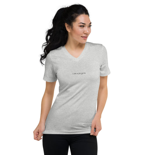 I am a Joy Germ, athletic heather V-neck, front