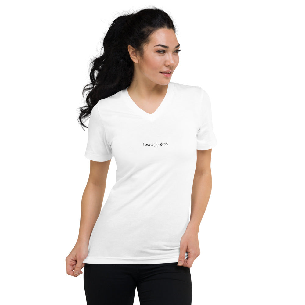 I am a Joy Germ, white V-neck, front